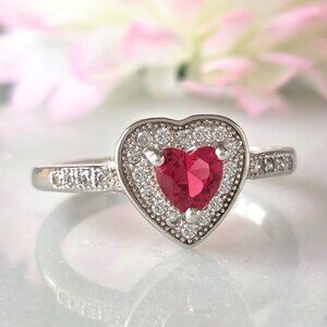 Heart Halo Ring, Size 7 Valentines Gift Red Ruby Gemstone